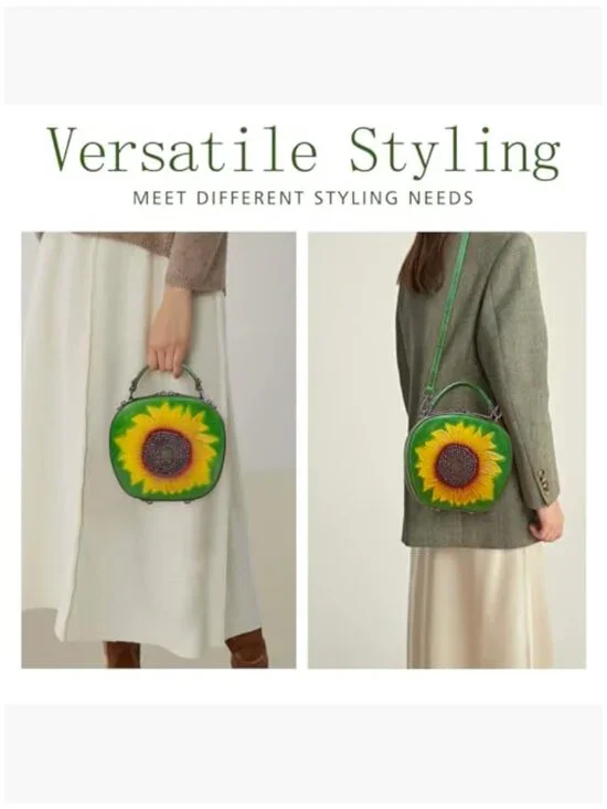 Vintage Genuine Leather Crossbody Bag with Sunflower Embossed Design - Picture 2 of 7